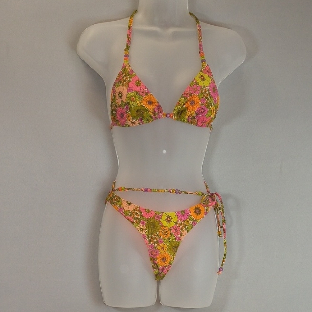 Wild Fable Bright Floral Bikini Set Bead Accents NWT , Size XXS
